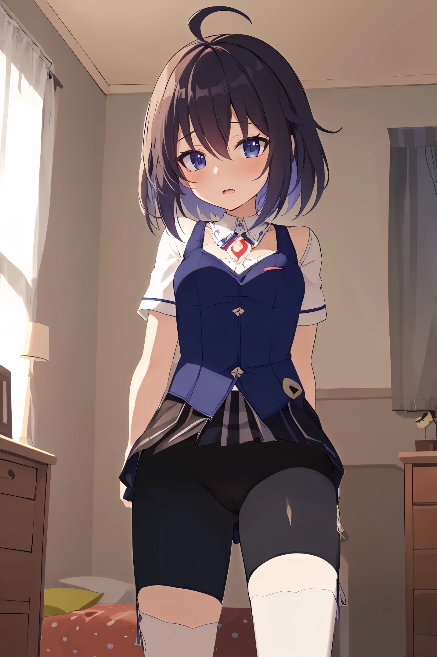 1 girl, best quality, ultra high res, ahoge, Seele Vollerei, looking at viewers, medium breast, standing, smile, small body, open mouth, azure memories, short sleeves, Bike Shorts, bedroom, white bed sheets, pov, chest  tattoo, Skirt, Bike Shorts Under Skirt, 