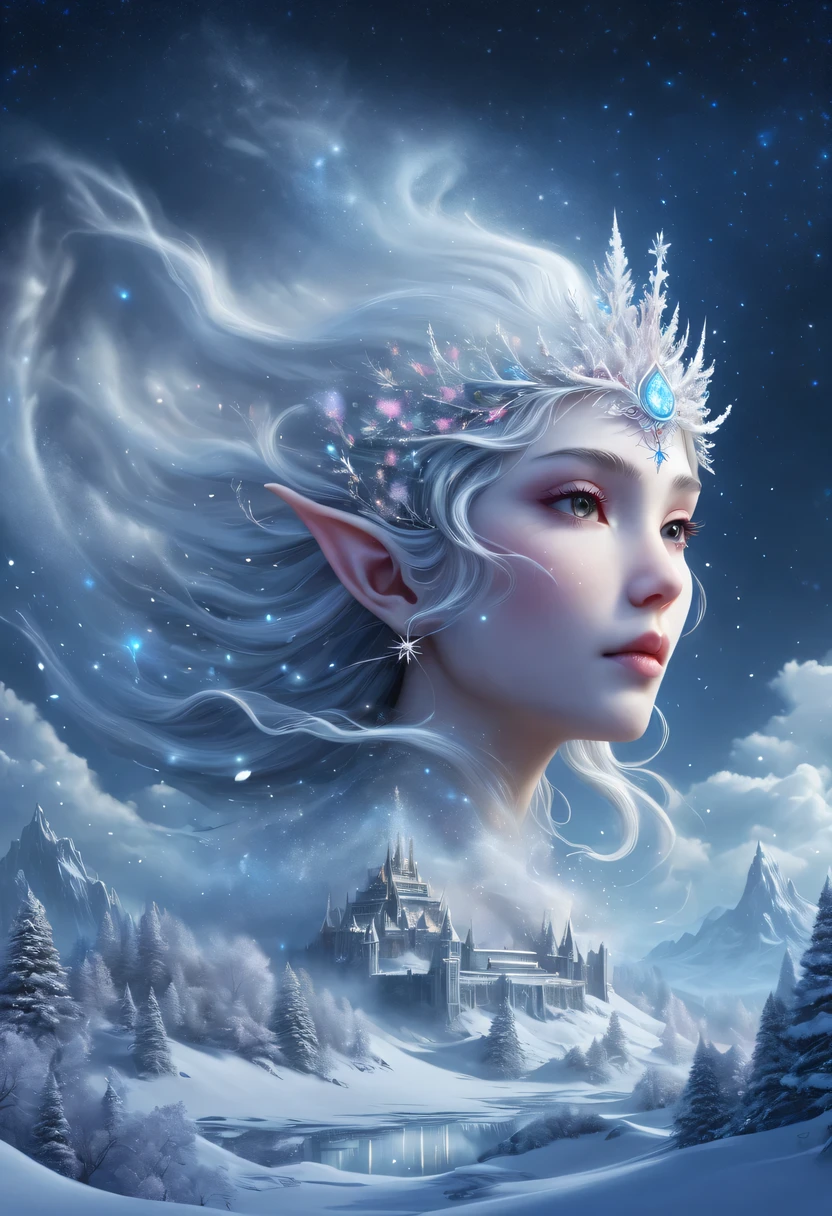 The face of the elf princess floats in the air，Pointed-eared elf exposed multiple times:1.8),Winter scenery，Surreal wonderland，Dream Island in the Sea of Cloudig snowflake:1.3)，五颜六色的big snowflake飞舞着，The palace of the elf princess covered with snow，The tree of life blooms with endless vitality，Twinkling stars in the night sky，Overlapping clouds and fog，Whimsical fantasy landscape art, Beautiful Art Ultra HD 8K, 8K highly detailed digital art, Beautiful and detailed fantasy, epic fantasy landscape, Mysterious and dreamy scenery, Magic fantasy very detailed, magical scenery, 由big snowflake和梦幻漂浮的仙女岛组成, Detailed fantasy digital art, 8K detailed digital art