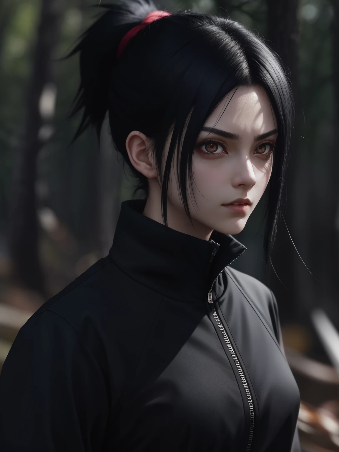 girl with black hair and eyes in dark clothes, ninja, frame from anime "naruto", The eyes are dark, black hair, Hair tied up, dynamic pose, Highest quality, high detail, Cinematic quality, Against the background of the forest