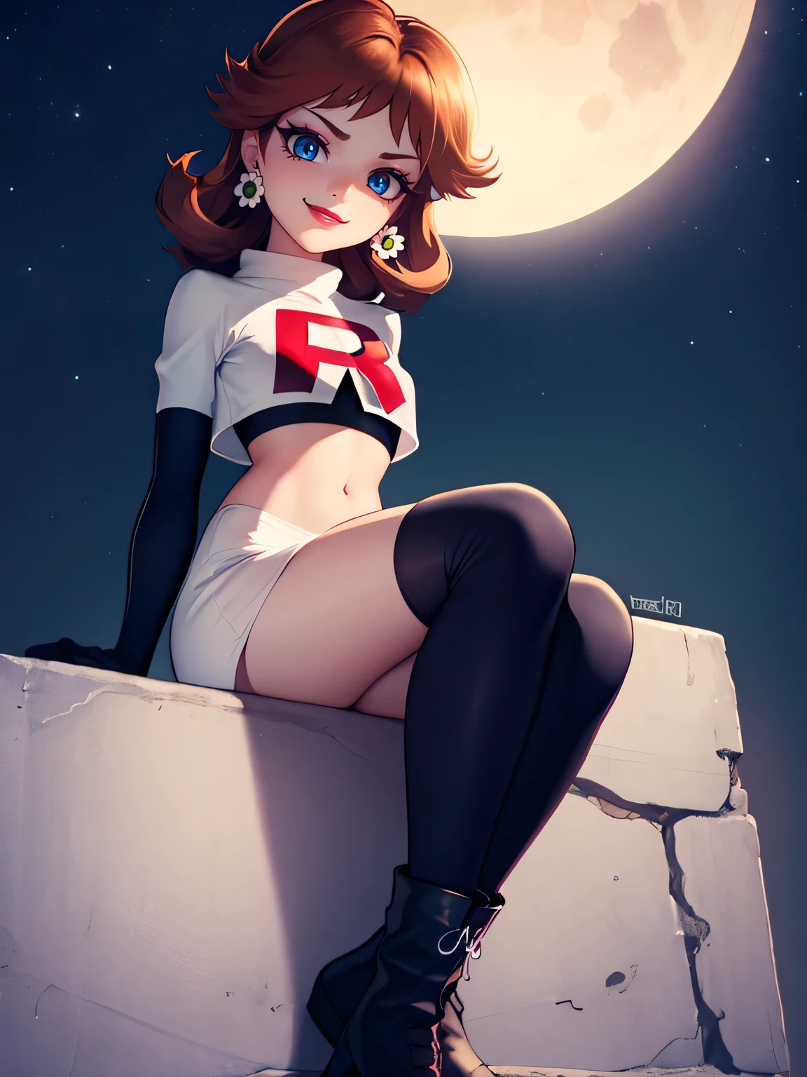 princess_daisy, brown hair ,earrings ,red lipstick, blue eye shadow, heavy makeup ,team rocket uniform, red letter R, white skirt,white crop top,black thigh-high boots, black elbow gloves, evil smile, looking down on viewer, sitting down ,legs crossed, night sky background