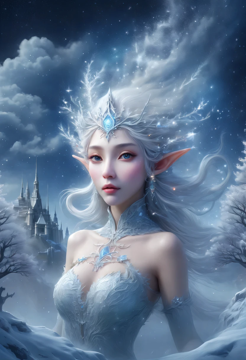 The face of the elf princess floats in the air，Pointed-eared elf exposed multiple times:1.8),Winter scenery，Surreal wonderland，Dream Island in the Sea of Cloudig snowflake:1.3)，五颜六色的big snowflake飞舞着，The palace of the elf princess covered with snow，The tree of life blooms with endless vitality，Twinkling stars in the night sky，Overlapping clouds and fog，Whimsical fantasy landscape art, Beautiful Art Ultra HD 8K, 8K highly detailed digital art, Beautiful and detailed fantasy, epic fantasy landscape, Mysterious and dreamy scenery, Magic fantasy very detailed, magical scenery, 由big snowflake和梦幻漂浮的仙女岛组成, Detailed fantasy digital art, 8K detailed digital art