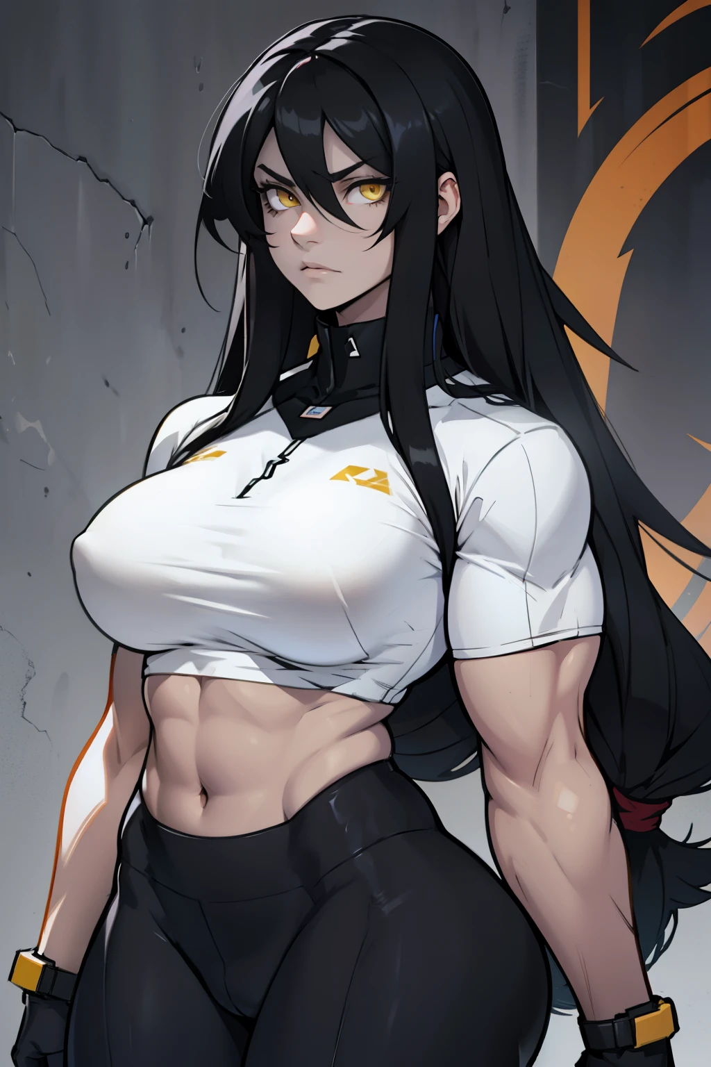 pale girl angry girl muscular girl thick girl breast girl black hair girl yellow eyes girl long straight hair long straight hair hair between eyes