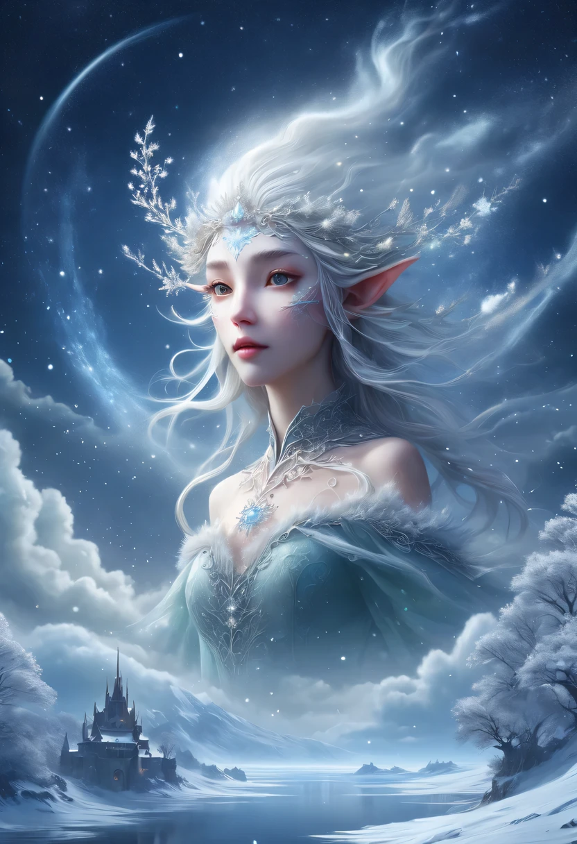 The face of the elf princess floats in the air,Pointed-eared elf exposed multiple times:1.8),Winter scenery,Surreal wonderland,Dream Island in the Sea of Cloudig snowflake:1.3),五颜六色的big snowflake飞舞着,The palace of the elf princess covered with snow,The tree of life blooms with endless vitality,Twinkling stars in the night sky,Overlapping clouds and fog,Whimsical fantasy landscape art, Beautiful Art Ultra HD 8K, 8K highly detailed digital art, Beautiful and detailed fantasy, epic fantasy landscape, Mysterious and dreamy scenery, Magic fantasy very detailed, magical scenery, 由big snowflake和梦幻漂浮的仙女岛组成, Detailed fantasy digital art, 8K detailed digital art