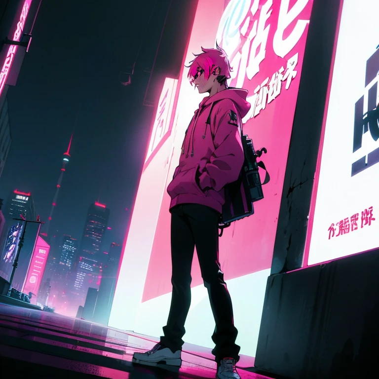 (shortcut), (two block hair), (bright pink hair), (male character), (red eyes), (cool pose), (top quality), (masterpiece), (Super detailed), (oversized hoodie), (Street style), (neon), (modern city), (neonデイライト), (cinematic), (stylish), (High resolution), (hyper-detailed), (soft town), (Nightcore), (a handsome guy), (wearing headphones), (natural appearance of the building), (casual), (IG studio anime style), (standing pose), (camera from low angle),