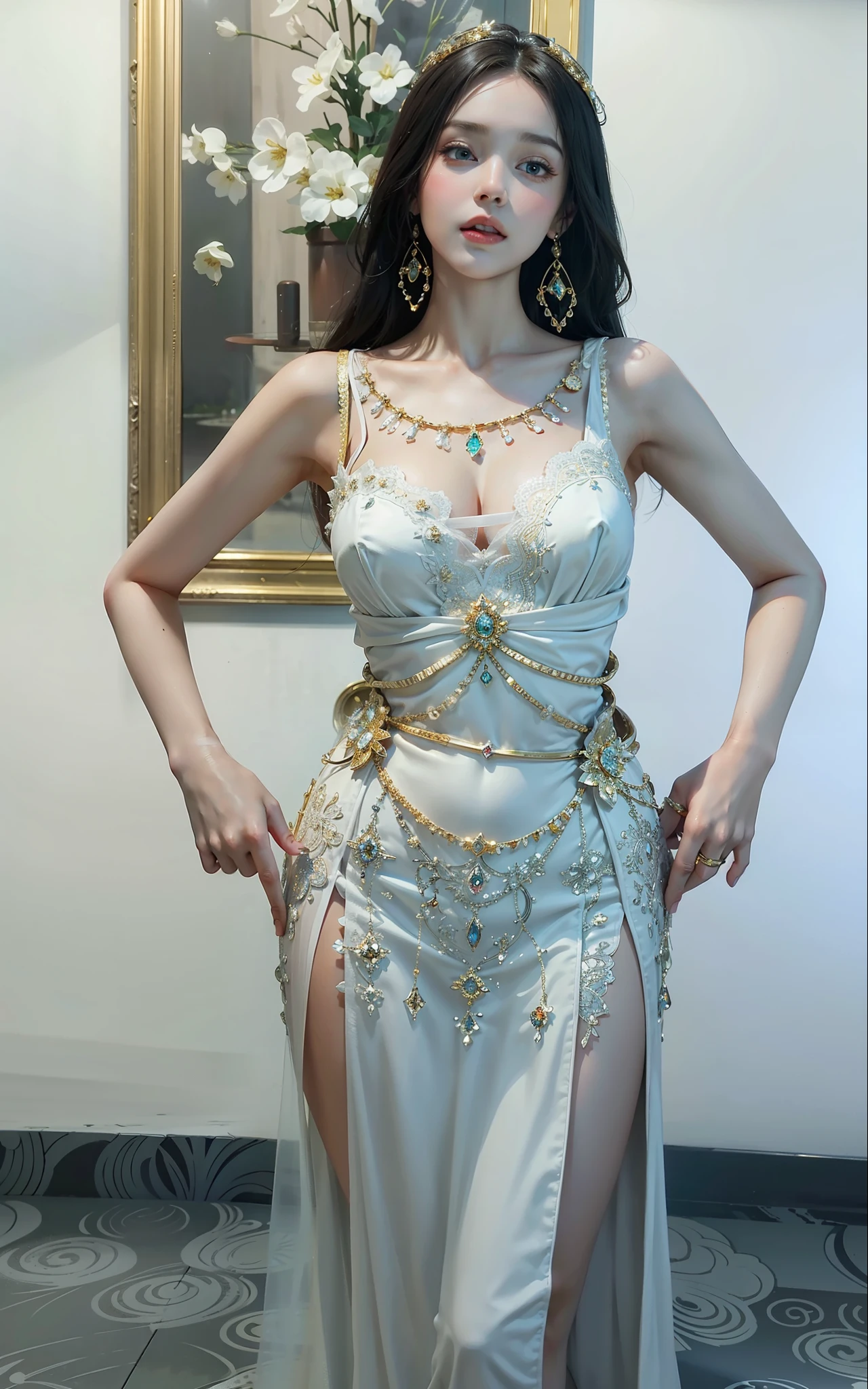 Royal sister，exquisite eyes，Detailed text，tall figure，Leg length，4K，HD，，White translucent lace，Fair and plump figure，pretty face，Little cherry mouth，beautiful and delicious（3D royal sister)，Gorgeous dress encrusted with gemstones crystal gold diamonds，