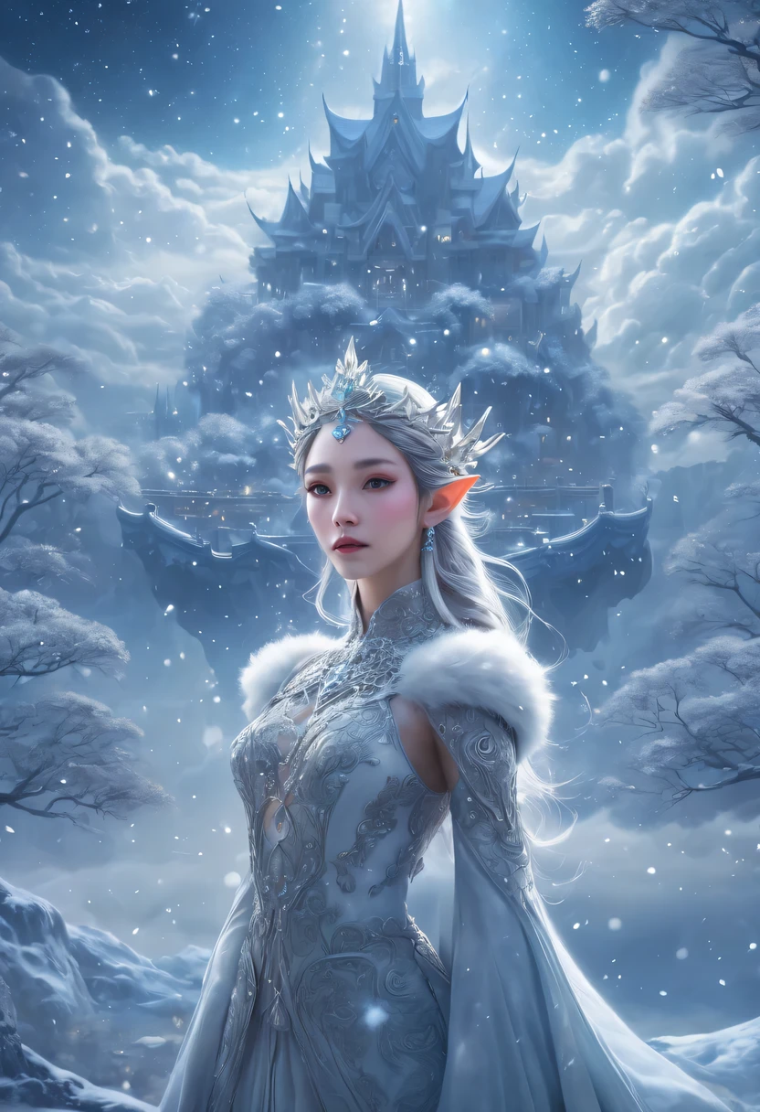 The face of the elf princess appears in the air，Pointed-eared elf exposed multiple times:1.8),Winter scenery，Surreal wonderland，Dream Island in the Sea of Cloudig snowflake:1.3)，五颜六色的big snowflake飞舞着，The palace of the elf princess covered with snow，The tree of life blooms with endless vitality，Twinkling stars in the night sky，Overlapping clouds and fog，Whimsical fantasy landscape art, Beautiful Art Ultra HD 8K, 8K highly detailed digital art, Beautiful and detailed fantasy, epic fantasy landscape, Mysterious and dreamy scenery, Magic fantasy very detailed, magical scenery, 由big snowflake和梦幻漂浮的仙女岛组成, Detailed fantasy digital art, 8K detailed digital art