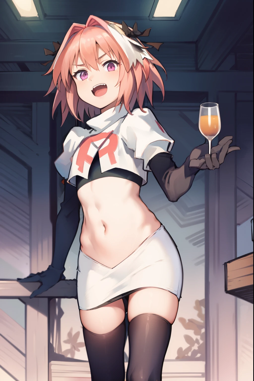 absurdres, masterpiece, best quality, (astolfo fate:1.2155), 1boy, male focus, trap, pink multicolored hair, pink hair, white hair, hair intakes, long hair, pink detailed eyes, crossdressing,1boy, team rocket,team rocket uniform, red letter R, white skirt,white crop top,black thigh-highs,black elbow gloves