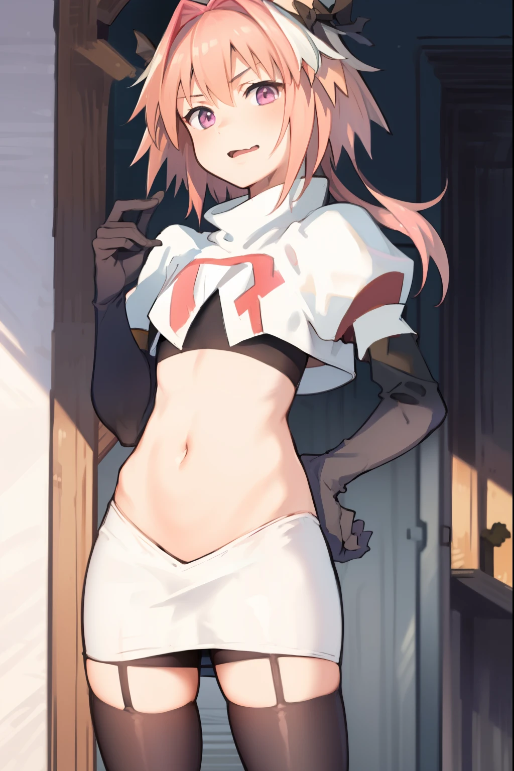 absurdres, masterpiece, best quality, (astolfo fate:1.2155), 1boy, male focus, trap, pink multicolored hair, pink hair, white hair, hair intakes, long hair, pink detailed eyes, crossdressing,1boy, team rocket,team rocket uniform, red letter R, white skirt,white crop top,black thigh-highs,black elbow gloves