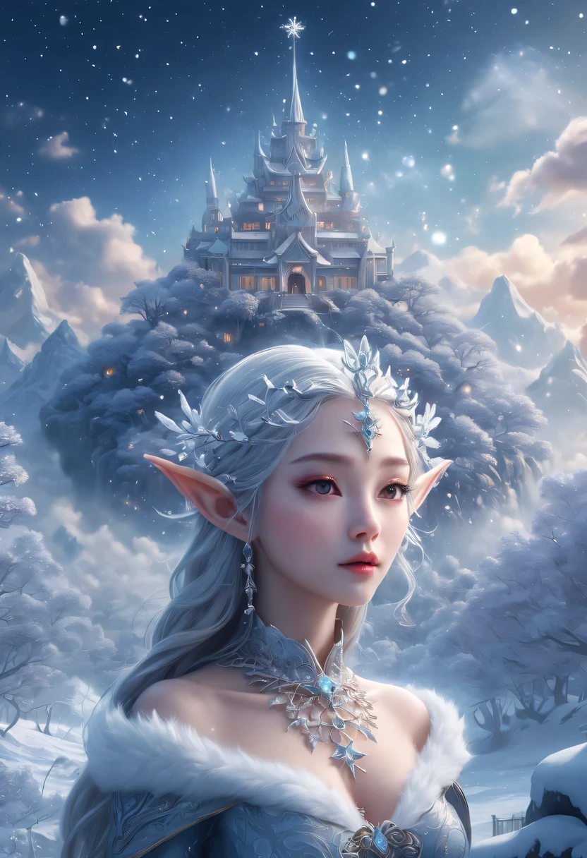 The face of the elf princess appears in the air，Pointed-eared elf exposed multiple times:1.8),Winter scenery，Surreal wonderland，Dream Island in the Sea of Cloudig snowflake:1.3)，五颜六色的big snowflake飞舞着，The palace of the elf princess covered with snow，The tree of life blooms with endless vitality，Twinkling stars in the night sky，Overlapping clouds and fog，Whimsical fantasy landscape art, Beautiful Art Ultra HD 8K, 8K highly detailed digital art, Beautiful and detailed fantasy, epic fantasy landscape, Mysterious and dreamy scenery, Magic fantasy very detailed, magical scenery, 由big snowflake和梦幻漂浮的仙女岛组成, Detailed fantasy digital art, 8K detailed digital art