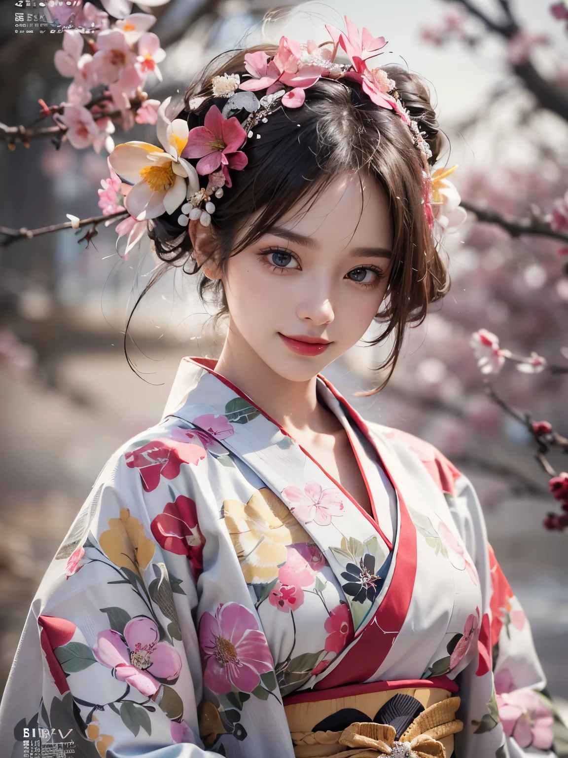 (best quality, masterpiece, ultra detailed, ultra high res, photorealistic, raw photo, absurdres, absolutely resolution:1.4),(best quality color photo of a mysterious beautiful woman in Furisode on a fashion magazine cover, haute couture fashion shoot:1.3),(An extremely delicate and beautiful work:1.2),(Japanese traditional style Kimono:1.3), ( Fashion magazine New Year special, designed with a theme of new year holidays :1.2) ,elegant pose, (she is the embodiment of beauty and allure, elegant and sophisticated fashion,) detailed face, looking at viewer, detailed eyes, black eyes, lustrous lips , (smile),(professional lightning, soft front light :1.2) ,Gentle and enigmatic expression, High color saturation, grand background,