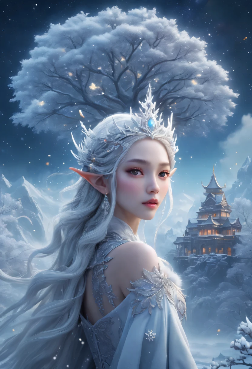 The face of the elf princess appears in the air,Pointed-eared elf exposed multiple times:1.8),Winter scenery,Surreal wonderland,Dream Island in the Sea of Cloudig snowflake:1.3),五颜六色的big snowflake飞舞着,The palace of the elf princess covered with snow,The tree of life blooms with endless vitality,Twinkling stars in the night sky,Overlapping clouds and fog,Whimsical fantasy landscape art, Beautiful Art Ultra HD 8K, 8K highly detailed digital art, Beautiful and detailed fantasy, epic fantasy landscape, Mysterious and dreamy scenery, Magic fantasy very detailed, magical scenery, 由big snowflake和梦幻漂浮的仙女岛组成, Detailed fantasy digital art, 8K detailed digital art