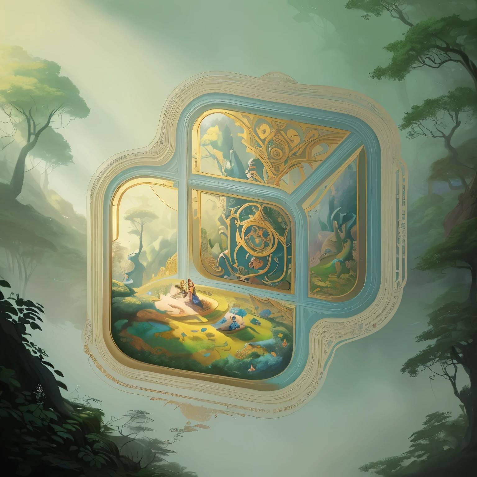Behance style, Abstract Art, top-down view,World-famous paintings, In an ancient forest, the magical world of fairy tale illustrations unfolds. Exquisite details in the illustrations present dreamy colors, and enchanting creatures come to life. This world allows for the reimagining of classic fairy tales and the retelling of ancient legends. Childlike wonder and imagination fill this scene, each moment enchanting.