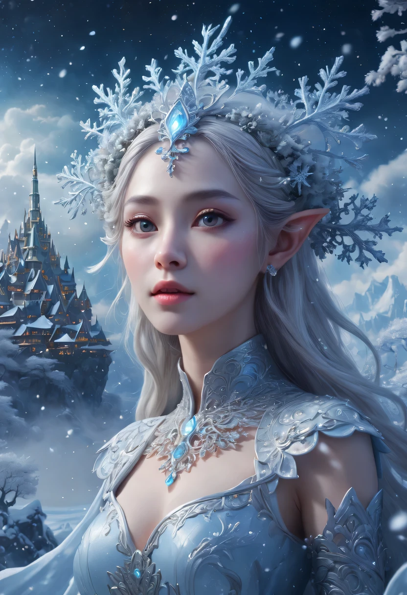 The face of the elf princess appears in the air,Pointed-eared elf exposed multiple times:1.8),Winter scenery,Surreal wonderland,Dream Island in the Sea of Cloudig snowflake:1.3),五颜六色的big snowflake飞舞着,The palace of the elf princess covered with snow,The tree of life blooms with endless vitality,Twinkling stars in the night sky,Overlapping clouds and fog,Whimsical fantasy landscape art, Beautiful Art Ultra HD 8K, 8K highly detailed digital art, Beautiful and detailed fantasy, epic fantasy landscape, Mysterious and dreamy scenery, Magic fantasy very detailed, magical scenery, 由big snowflake和梦幻漂浮的仙女岛组成, Detailed fantasy digital art, 8K detailed digital art