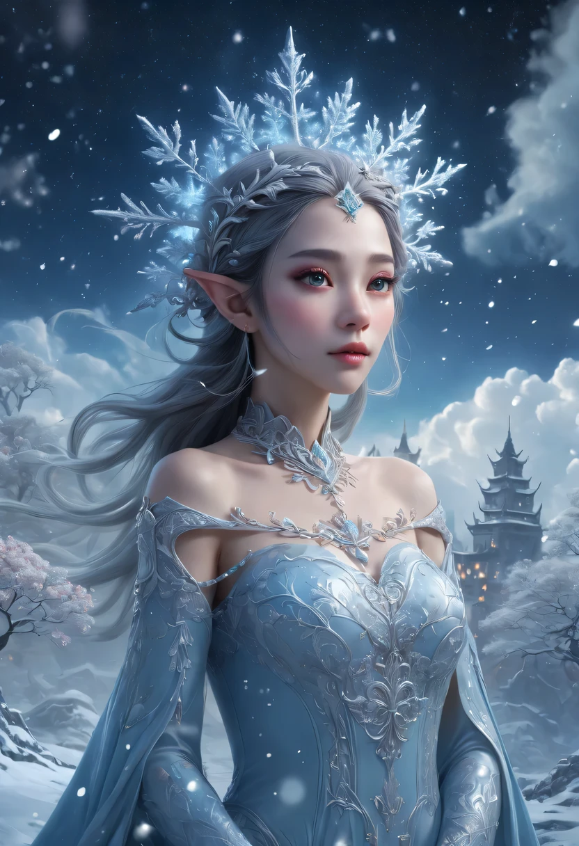 The face of the elf princess appears in the air，Pointed-eared elf exposed multiple times:1.8),Winter scenery，Surreal wonderland，Dream Island in the Sea of Cloudig snowflake:1.3)，五颜六色的big snowflake飞舞着，The palace of the elf princess covered with snow，The tree of life blooms with endless vitality，Twinkling stars in the night sky，Overlapping clouds and fog，Whimsical fantasy landscape art, Beautiful Art Ultra HD 8K, 8K highly detailed digital art, Beautiful and detailed fantasy, epic fantasy landscape, Mysterious and dreamy scenery, Magic fantasy very detailed, magical scenery, 由big snowflake和梦幻漂浮的仙女岛组成, Detailed fantasy digital art, 8K detailed digital art