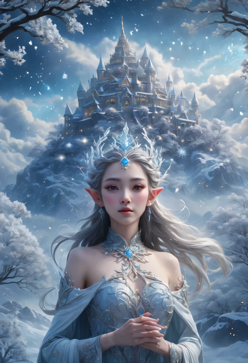 The face of the elf princess appears in the air，Pointed-eared elf exposed multiple times:1.8),Winter scenery，Surreal wonderland，Dream Island in the Sea of Cloudig snowflake:1.3)，五颜六色的big snowflake飞舞着，The palace of the elf princess covered with snow，The tree of life blooms with endless vitality，Twinkling stars in the night sky，Overlapping clouds and fog，Whimsical fantasy landscape art, Beautiful Art Ultra HD 8K, 8K highly detailed digital art, Beautiful and detailed fantasy, epic fantasy landscape, Mysterious and dreamy scenery, Magic fantasy very detailed, magical scenery, 由big snowflake和梦幻漂浮的仙女岛组成, Detailed fantasy digital art, 8K detailed digital art