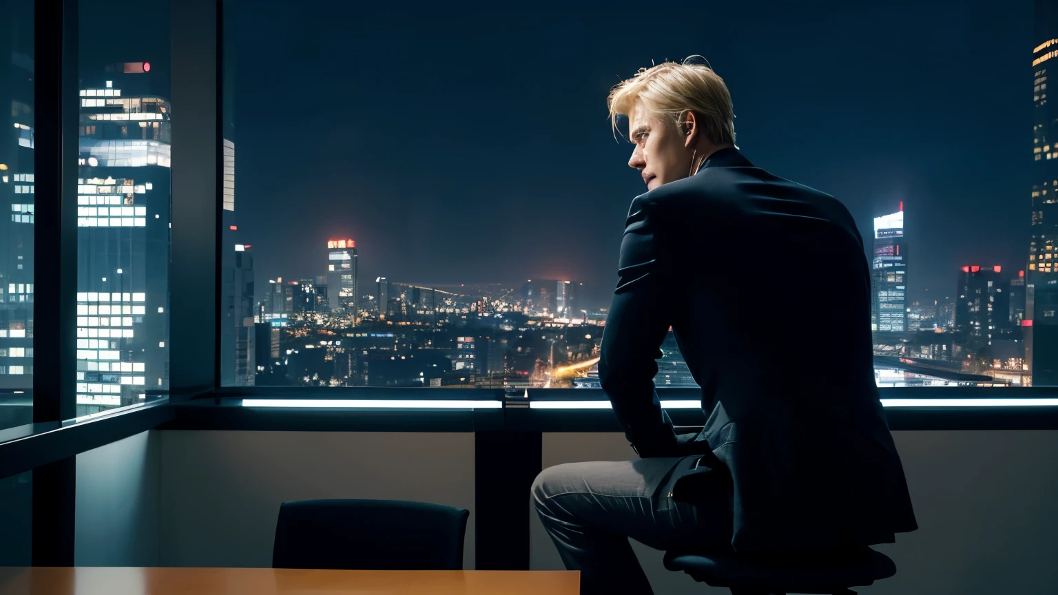 The back view of a blond middle-aged rich white man late at night，Sitting in front of the office in a high-end office building，Very distressed，cyberpunk style，highest quality，sense of technology