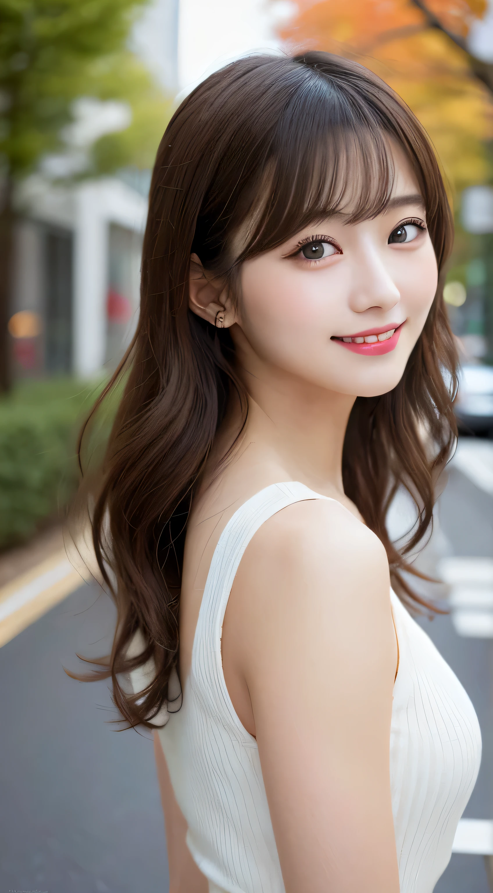 table top, highest quality, shape, Super detailed, finely, High resolution, 8k wallpaper, 完璧なダイナミックな構shape, beautiful and detailed eyes, autumn ladies fashion,wavy hair,small breasts、natural color lip, bold sexy pose,smile,Harajuku、20 year old girl、cute、sexy shot looking at camera