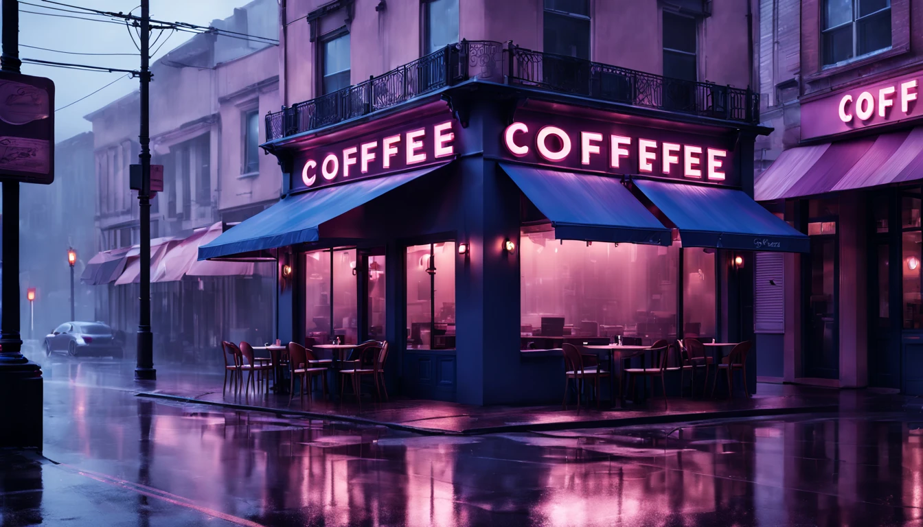 "Generate a lo-fi image of an American café on a deserted street with a sign that reads 'COFFEE.' Capture the rainy atmosphere with visible raindrops on the screen and reflections on the wet ground. Illuminate the café facade with a lighting palette featuring shades of blue, pink, red, and lilac."