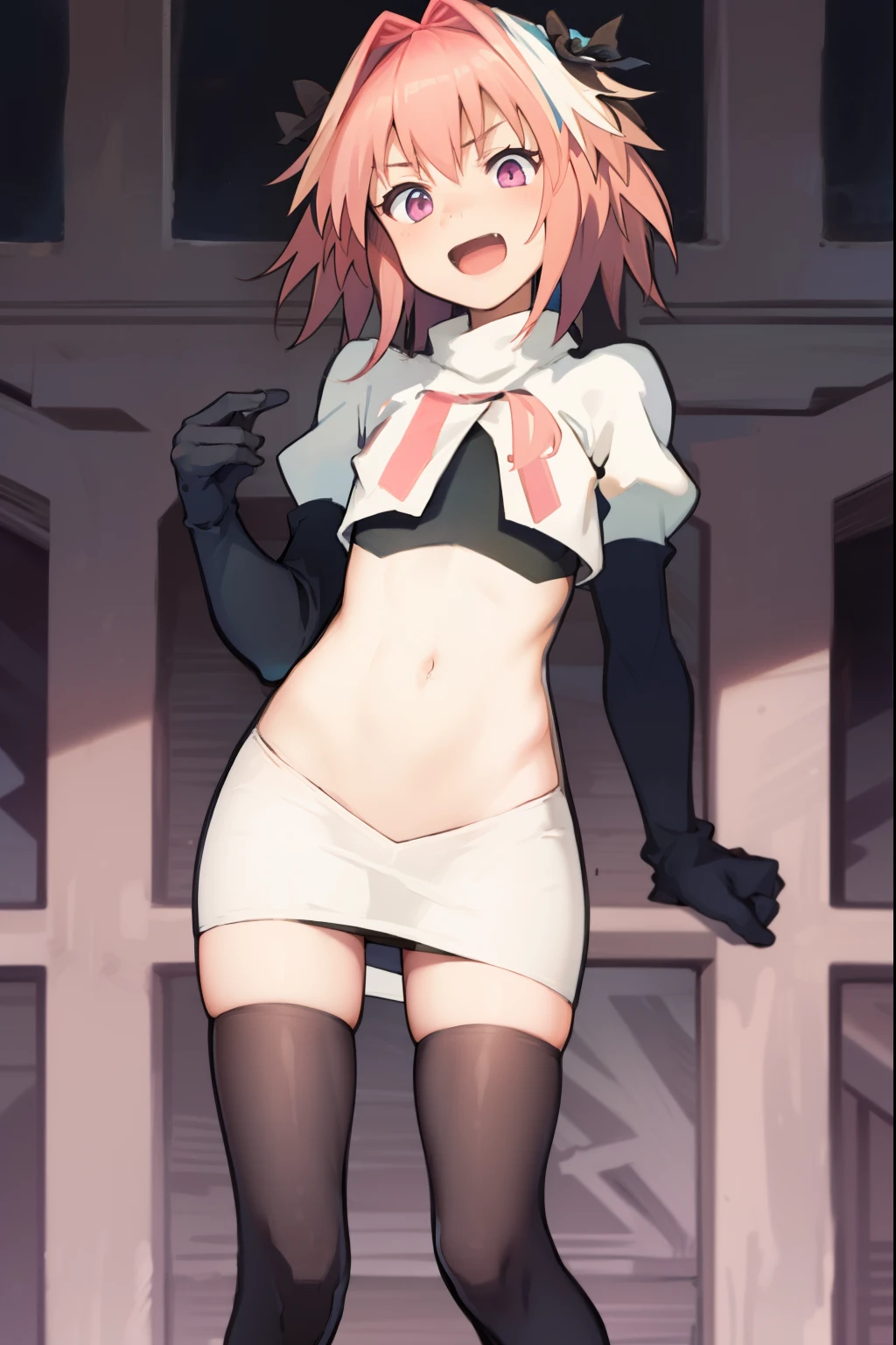 absurdres, masterpiece, best quality, (astolfo fate:1.2155), 1boy, male focus, trap, pink multicolored hair, pink hair, white hair, hair intakes, long hair, pink detailed eyes, crossdressing,1boy, team rocket,team rocket uniform, red letter R, white skirt,white crop top,black thigh-highs,black elbow gloves
