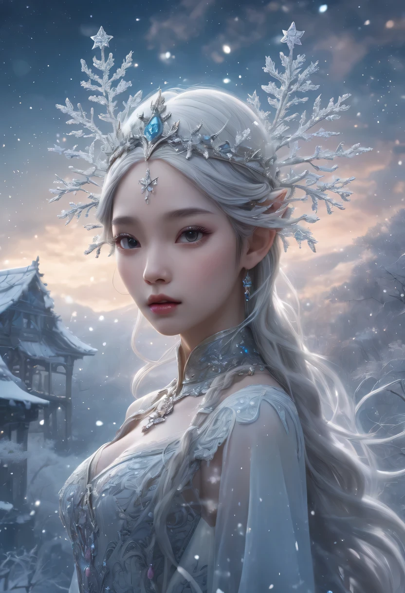 The face of the elf princess appears in the air,Pointed-eared elf exposed multiple times:1.8),Winter scenery,Surreal wonderland,Dream Island in the Sea of Cloudig snowflake:1.3),五颜六色的big snowflake飞舞着,The palace of the elf princess covered with snow,The tree of life blooms with endless vitality,Twinkling stars in the night sky,Overlapping clouds and fog,Whimsical fantasy landscape art, Beautiful Art Ultra HD 8K, 8K highly detailed digital art, Beautiful and detailed fantasy, epic fantasy landscape, Mysterious and dreamy scenery, Magic fantasy very detailed, magical scenery, 由big snowflake和梦幻漂浮的仙女岛组成, Detailed fantasy digital art, 8K detailed digital art