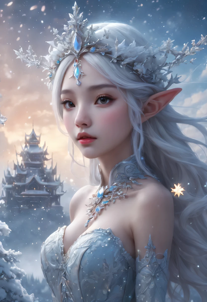 The face of the elf princess appears in the air，Pointed-eared elf exposed multiple times:1.8),Winter scenery，Surreal wonderland，Dream Island in the Sea of Cloudig snowflake:1.3)，五颜六色的big snowflake飞舞着，The palace of the elf princess covered with snow，The tree of life blooms with endless vitality，Twinkling stars in the night sky，Overlapping clouds and fog，Whimsical fantasy landscape art, Beautiful Art Ultra HD 8K, 8K highly detailed digital art, Beautiful and detailed fantasy, epic fantasy landscape, Mysterious and dreamy scenery, Magic fantasy very detailed, magical scenery, 由big snowflake和梦幻漂浮的仙女岛组成, Detailed fantasy digital art, 8K detailed digital art