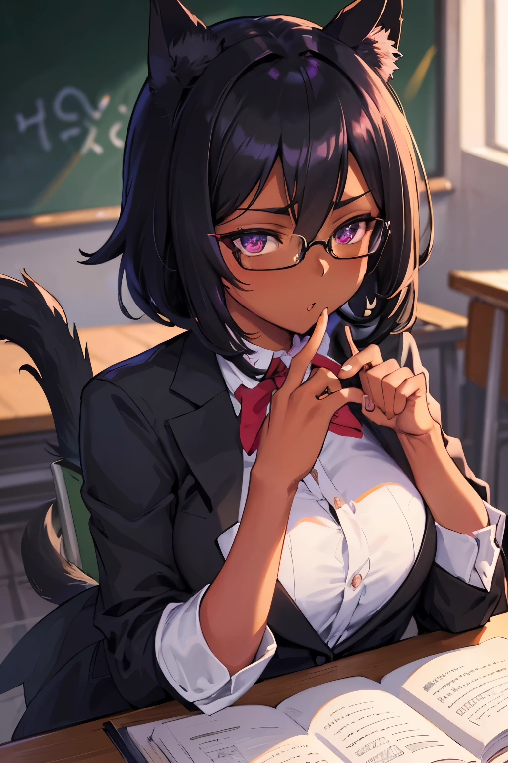 obra-prima,alta qualidade,uma mulher madura,professor,Copos,cabelo preto curto,Roupas Conservadoras,segurando um livro,em aula,Chalkboards, Retrato estilo anime de um sexy, African baby, com Jet-black Hair, olhos roxos, Pele escura, Orelhas de gato preto, 1 cauda, perfect composition, hiper-detalhado, 8k, alta qualidade, olhos perfeitos, arte em alta, trends on artstation, sharp focus, studio photo, detalhes intrincados, por tite kubo