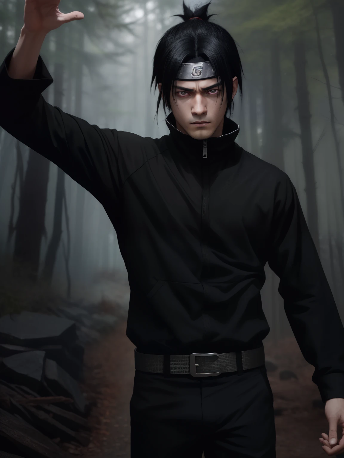 a young guy with black hair and eyes in dark clothes, ninja, frame from anime "naruto", The eyes are black, black hair, Hair tied up, dynamic pose, Highest quality, high detail, Cinematic quality, Against the background of the forest