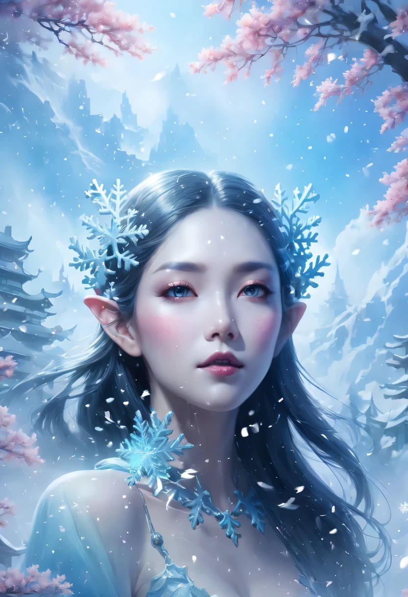 The face of the elf princess appears in the air，(multiple exposure:1.8),Winter scenery，Surreal wonderland，Dream Island in the Sea of Cloudig snowflake:1.3)，五颜六色的big snowflake飞舞着，The palace of the elf princess covered with snow，The tree of life blooms with endless vitality，Twinkling stars in the night sky，Overlapping clouds and fog，Whimsical fantasy landscape art, Beautiful Art Ultra HD 8K, 8K highly detailed digital art, Beautiful and detailed fantasy, epic fantasy landscape, Mysterious and dreamy scenery, Magic fantasy very detailed, magical scenery, 由big snowflake和梦幻漂浮的仙女岛组成, Detailed fantasy digital art, 8K detailed digital art