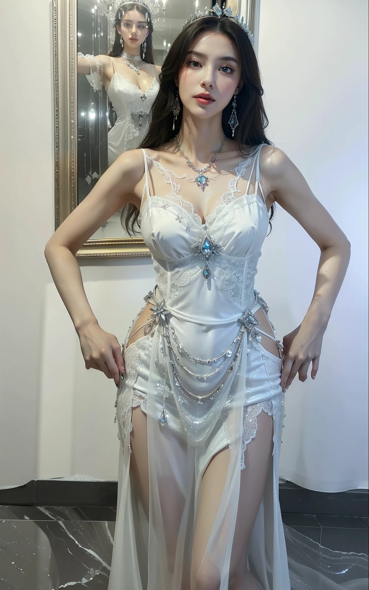 Royal sister,exquisite eyes,Detailed facial expressions body,tall figure,number,Leg length,4K,HD,,White translucent lace,Fair and plump figure,pretty face,Little cherry mouth,beautiful and delicious(3D royal sister),exquisite dress,Wear crystal ruby red high heels,silver breastplate,Gorgeous crystal gems,Gem and jewelry crown,