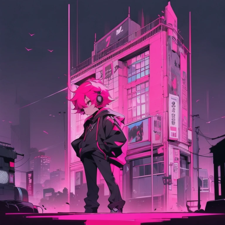 (shortcut), (two block hair), (bright pink hair), (male character), (red eyes), (cool pose), (top quality), (masterpiece), (Super detailed), (oversized hoodie), (Street style), (neon), (modern city), (neonデイライト), (cinematic), (stylish), (High resolution), (hyper-detailed), (soft town), (Nightcore), (a handsome guy), (Wear headphones), (natural appearance of the building), (casual), (IG studio anime style), (standing pose), (Shooting from a low angle),  