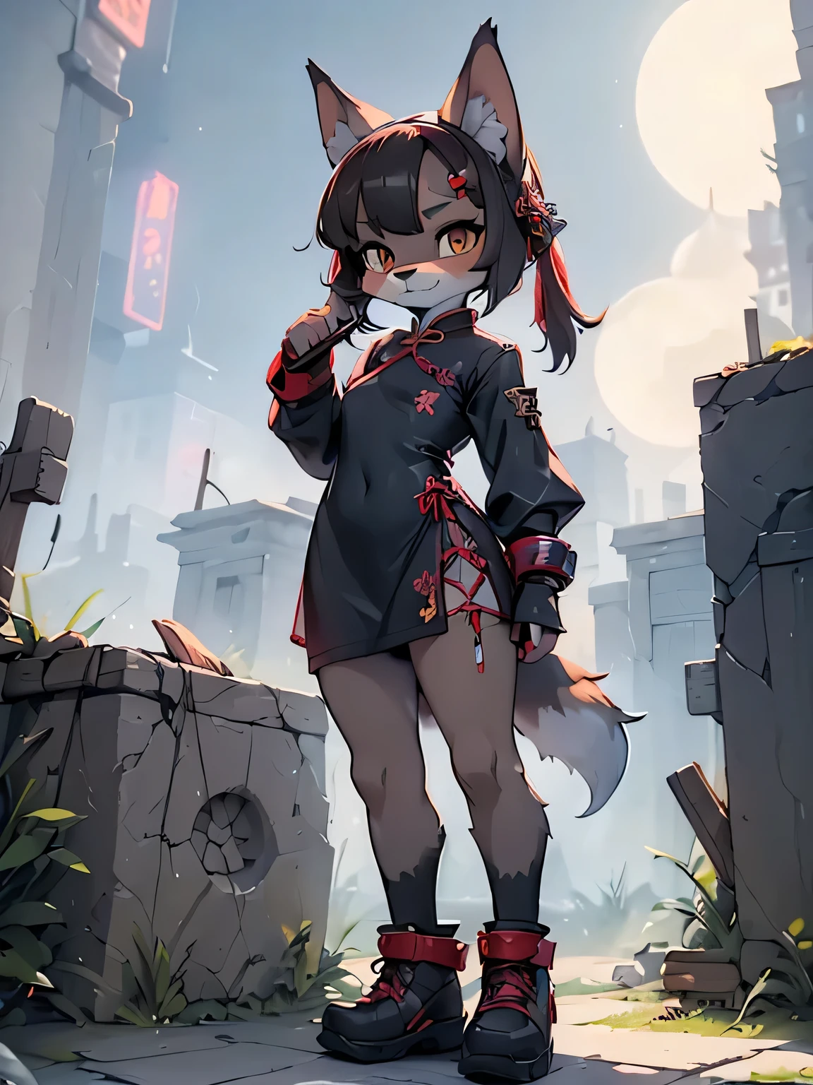 china dress, stocking, chi fi, post apocalyptic, female furry mini cute style, holo a wolf girl