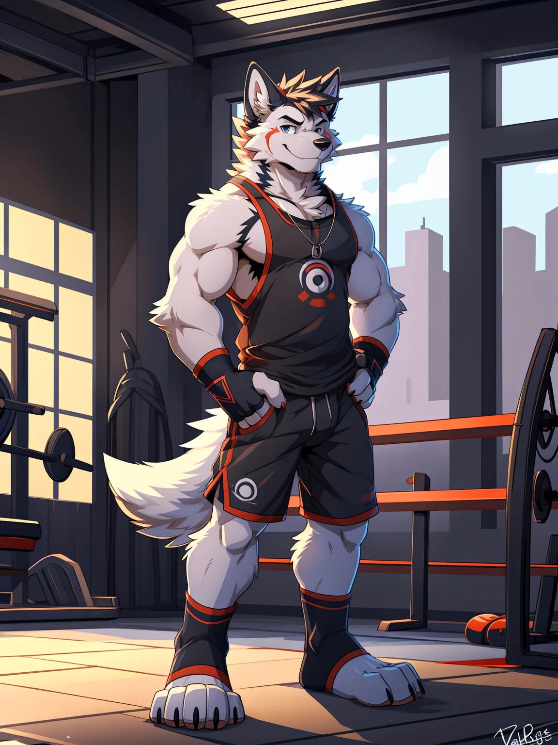 anthro, canid, canis, canine, mammal, husky, nordic sled dog, splitz, standing, college gym, ((tank top, shorts, toeless gloves, toeless socks, armbands)), gym, bulge, smile, male, athletic, solo, tuft, 5 fingers, 4 toes, toe claws, looking at viewer, black fur, black body, white fur, white body, hi res, by pache riggs, by takemoto arashi, by vallhund, anime, anime style, digital flat colors, sharp shadows, shaded, male focus, extreme detailed illustration, good anatomy, perfect anatomy, detailed RPG CG, masterpiece, best quality, detailed background, 
