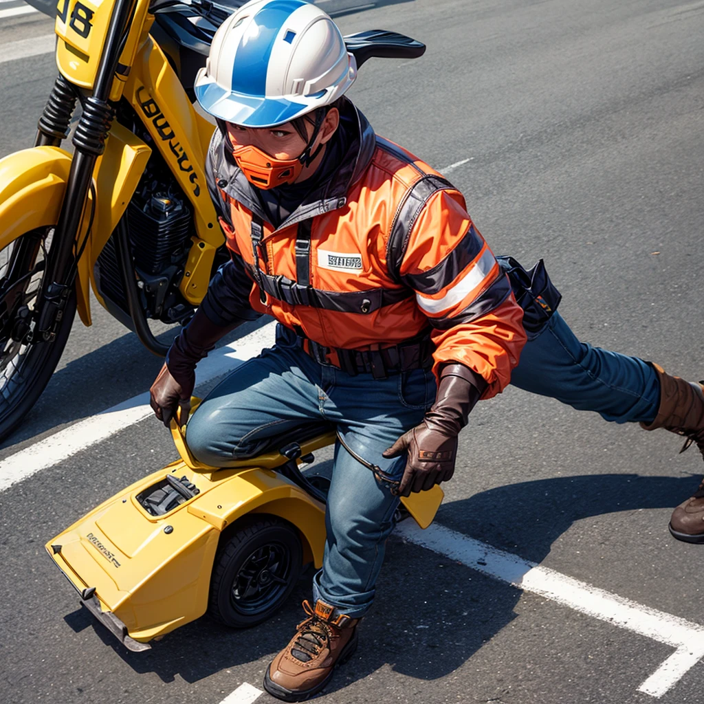 Top quality, 50 year old male, road paving work, wearing helmet, mask, long sleeves, long pants, leather gloves, leg ties, safety shoes