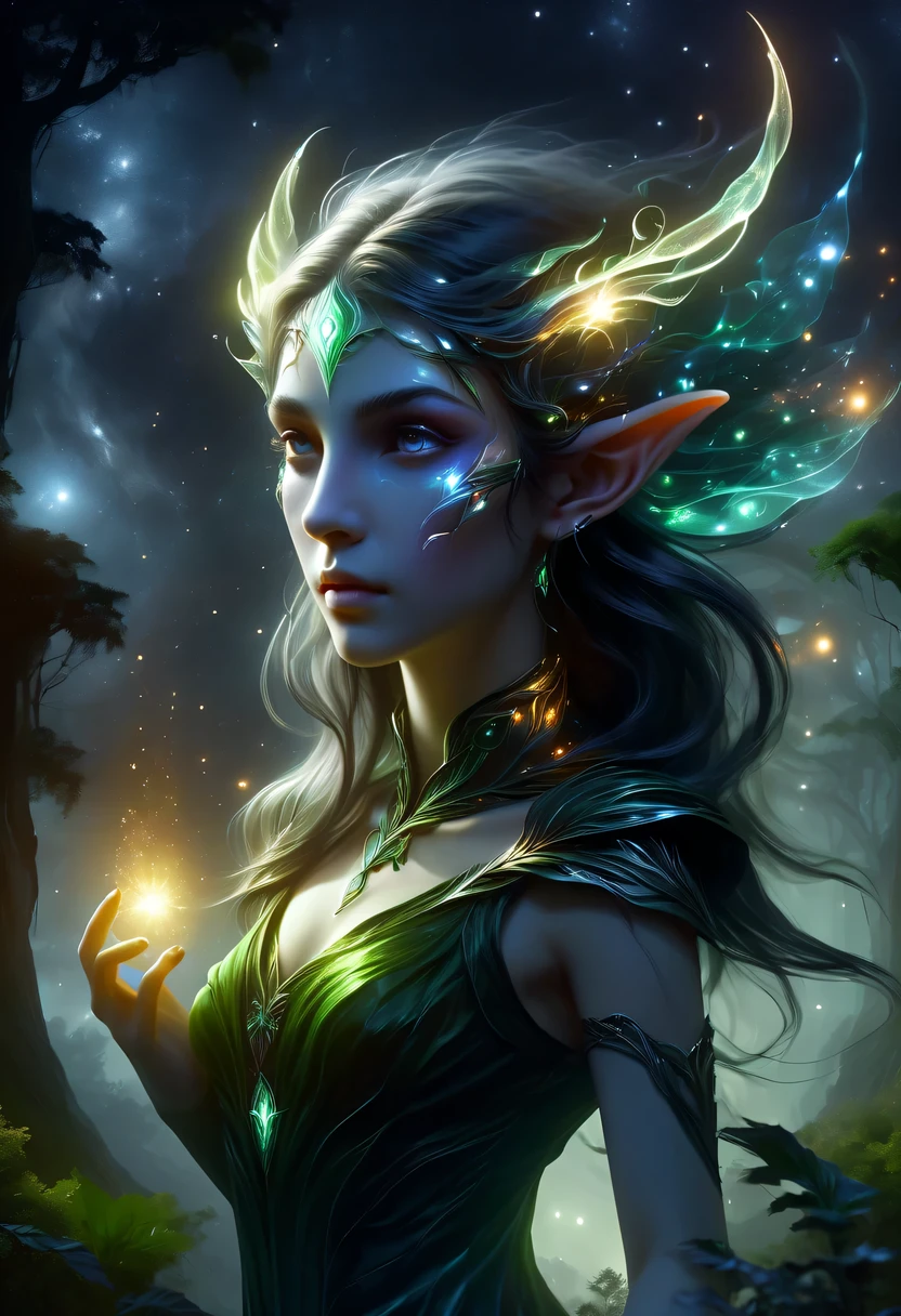 hyper detailed masterpiece, Dynamic, good quality,Floating oversized ethereal female elf portrait DonMW15pXL ，in the jungle，starlight，firefly，dark，Gothic