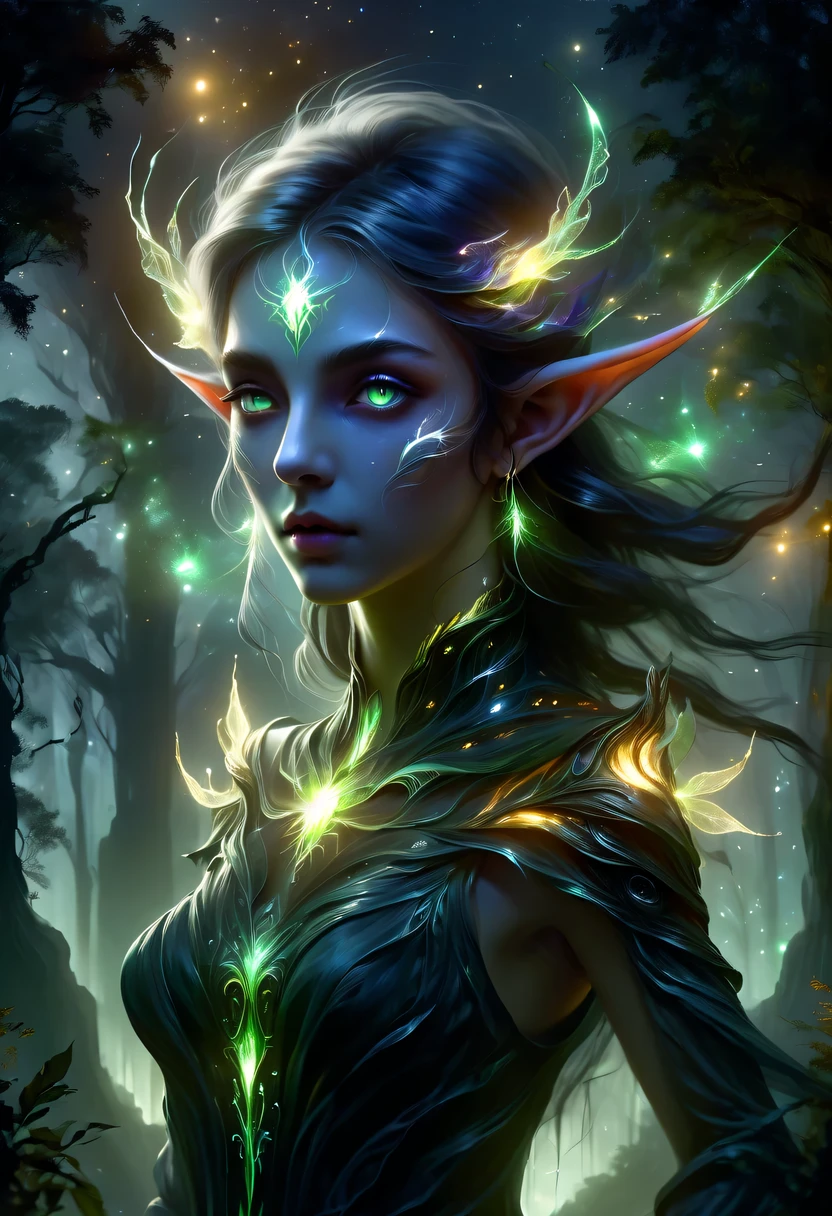 hyper detailed masterpiece, Dynamic, good quality,Floating oversized ethereal female elf portrait DonMW15pXL ,in the jungle,starlight,firefly,dark,Gothic