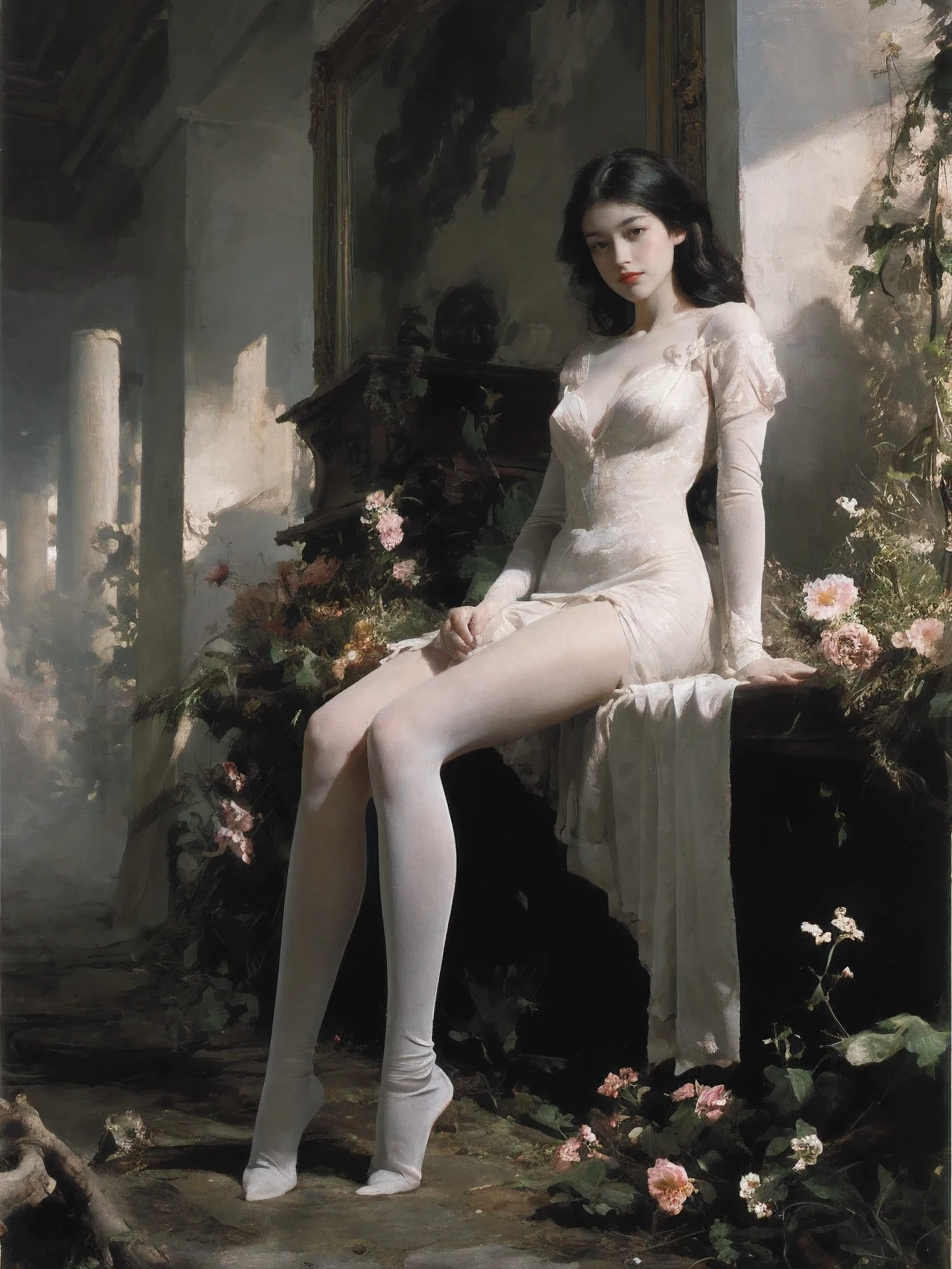  Queen, full body display, Leaning against the ruins, There are floating bats around the background. The Queen's expression  enchanting, Her posture  seductive, Her hand held her face, Evil energy runes flashed in the background, Blood mist pervaded, and soft light. black stockings. official art, unit 8k wallpaper, Super detailed, Beautiful and beautiful, masterpiece, best quality, Very detailed, dynamic angle, Paper skin, radius, luminosity, cowboy shooting, Chaos in its most beautiful form, elegant, brutalist design, Visual color, romanticism lain, by James Jean, Robbie Devi Antonio, span across, French bacon, Michael Mraz, Adrian Genius, Petra Cortright, Gerhard Richter, Takato Yamamoto, Ashley Wood, Atmospheric, ecstasy of notes, Streaming notes are visible, flowers in full bloom, Many parade birds, Deep in the forest, Sunlight, atmosphere, Rich details, full body shot, shot from above, Shot from below, Detail background, beautiful sky, flowing hair, perfect face, Exquisite facial features, high detail, Smile, Fisheye lens, dynamic angle, dynamic poses,like the moon,1,it was,nature,plan,flowers,Tree,Steampunk,semantic pass,