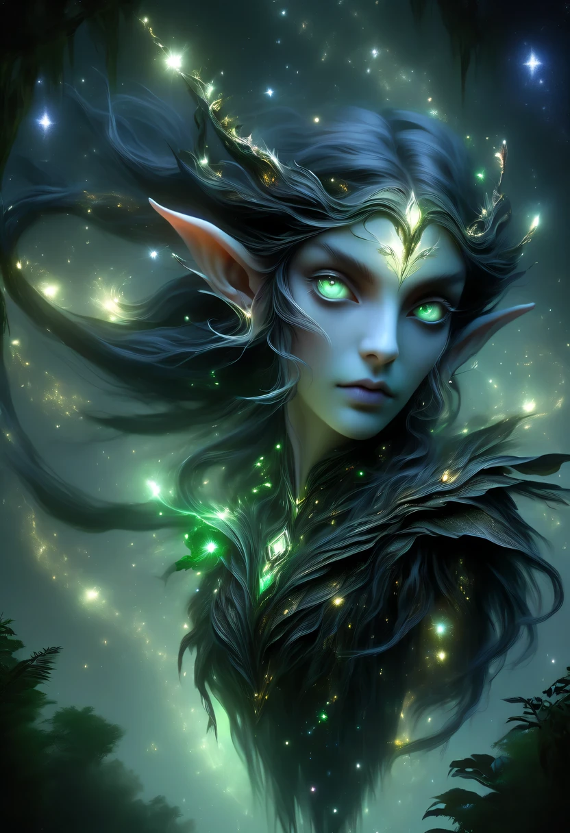hyper detailed masterpiece, Dynamic, good quality,Floating oversized ethereal female elf portrait DonMW15pXL ,in the jungle,starlight,firefly,dark,Gothic