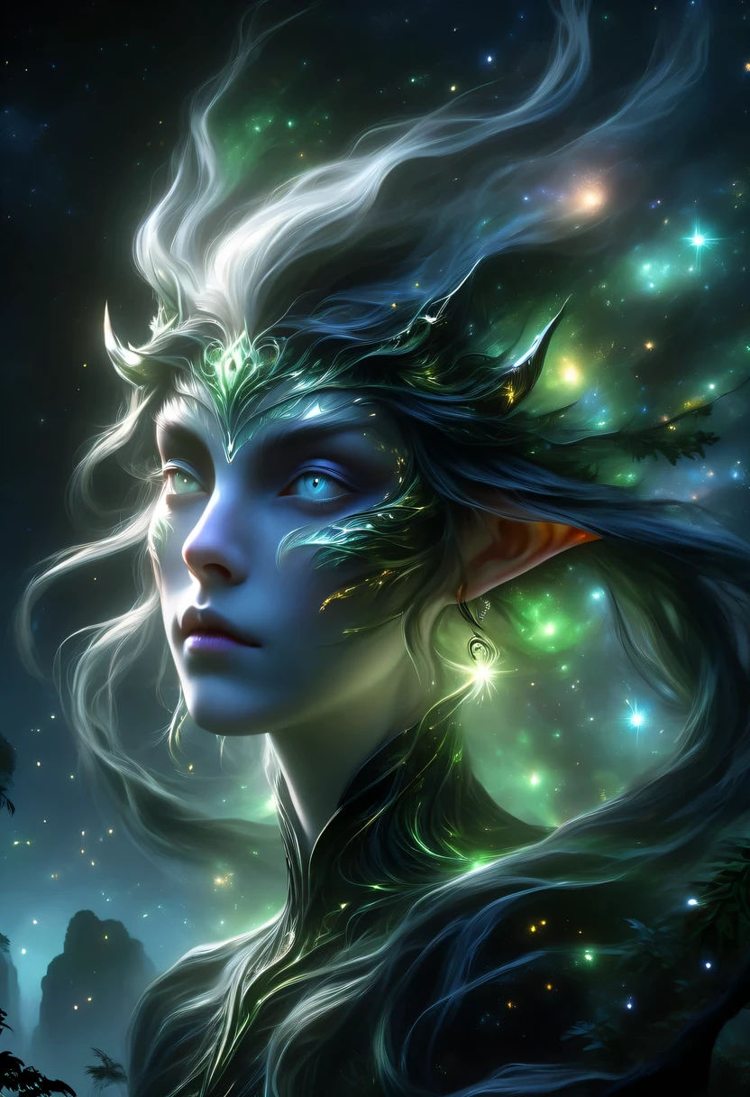 hyper detailed masterpiece, Dynamic, good quality,Floating oversized ethereal female elf portrait DonMW15pXL ,in the jungle,starlight,firefly,dark,Gothic