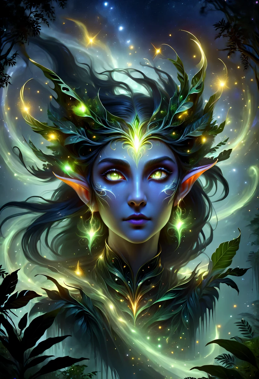 hyper detailed masterpiece, Dynamic, good quality,Floating oversized ethereal female elf portrait DonMW15pXL ，in the jungle，starlight，firefly，dark，Gothic