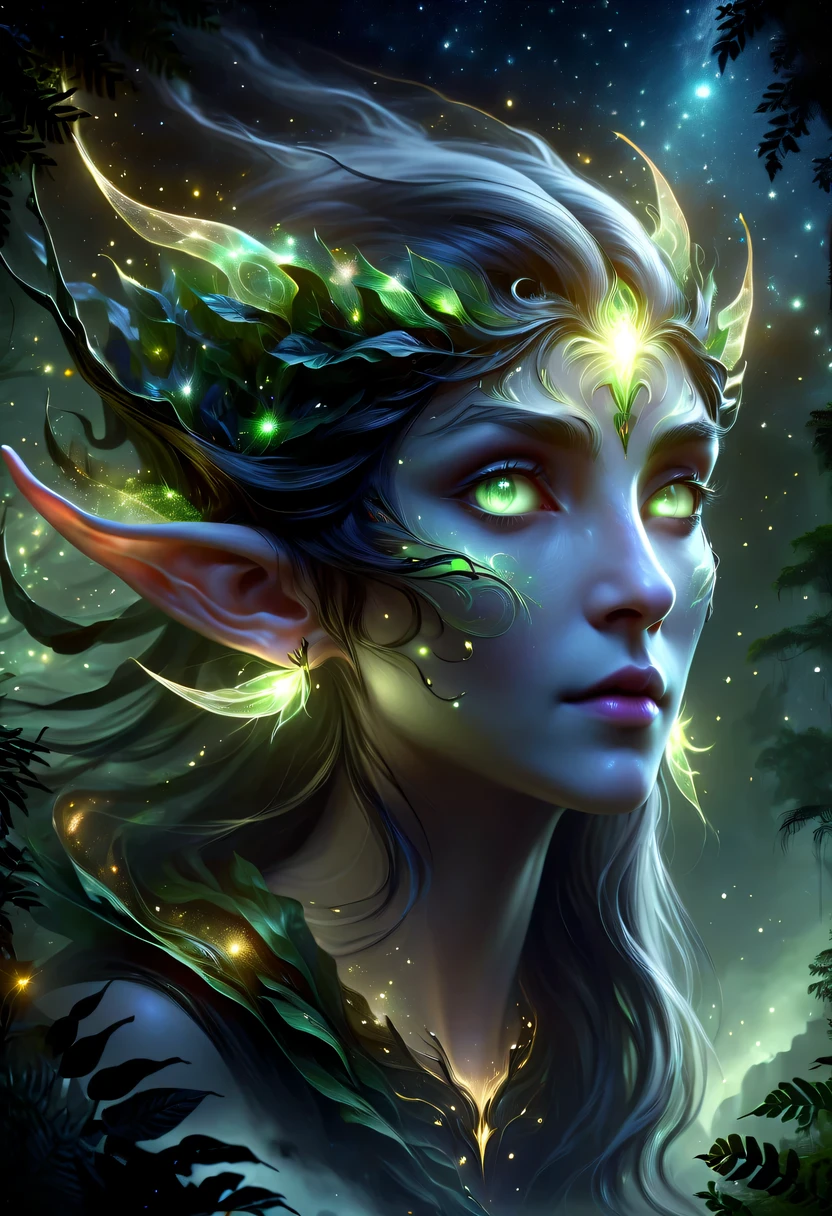 hyper detailed masterpiece, Dynamic, good quality,Floating oversized ethereal female elf portrait DonMW15pXL ，in the jungle，starlight，firefly，dark，Gothic