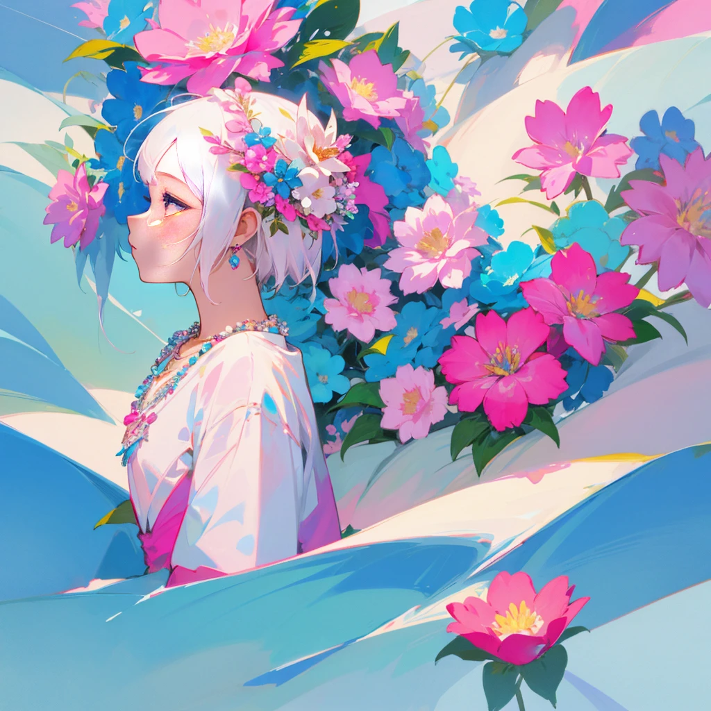 1girl, solo, short hair, hair ornament, jewelry, upper body, flower, white hair, hair flower, necklace, from side, profile, pink flower, blue flower, abstract