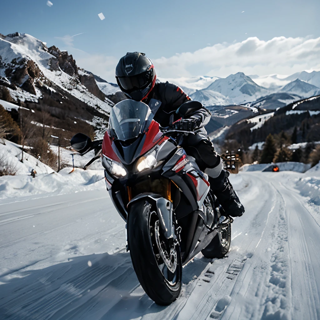 Silver 2007 cbr 1000rr riding in the mountains in the snow