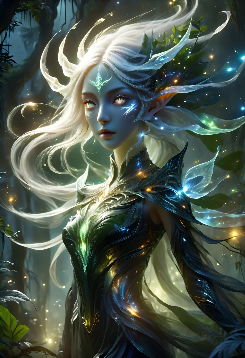 hyper detailed masterpiece, Dynamic, good quality,Floating oversized ethereal female elf portrait DonMW15pXL ，in the jungle，starlight，firefly，dark，Gothic