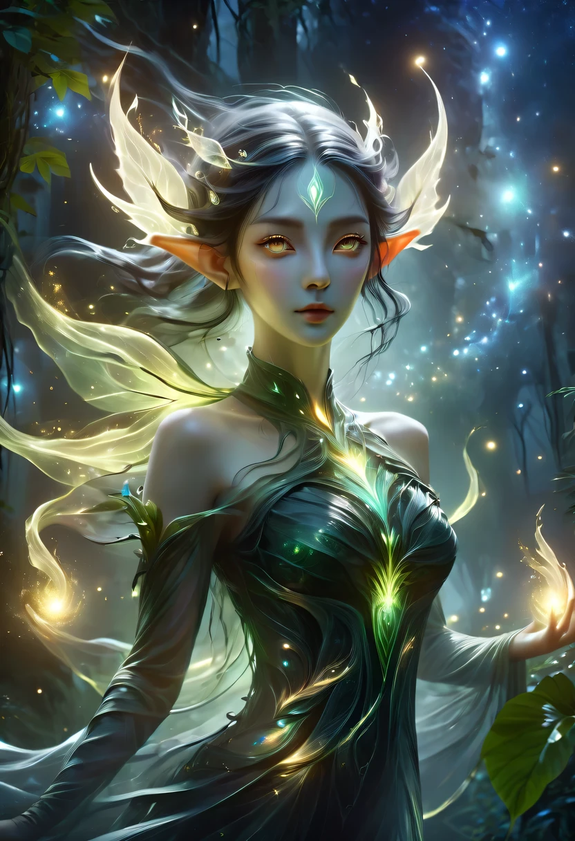 hyper detailed masterpiece, Dynamic, good quality,Floating oversized ethereal female elf portrait DonMW15pXL ，in the jungle，starlight，firefly，dark，Gothic