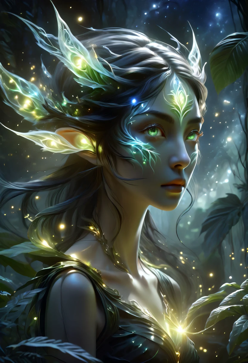 hyper detailed masterpiece, Dynamic, good quality,Floating oversized ethereal female elf portrait DonMW15pXL ,in the jungle,starlight,firefly,dark,Gothic