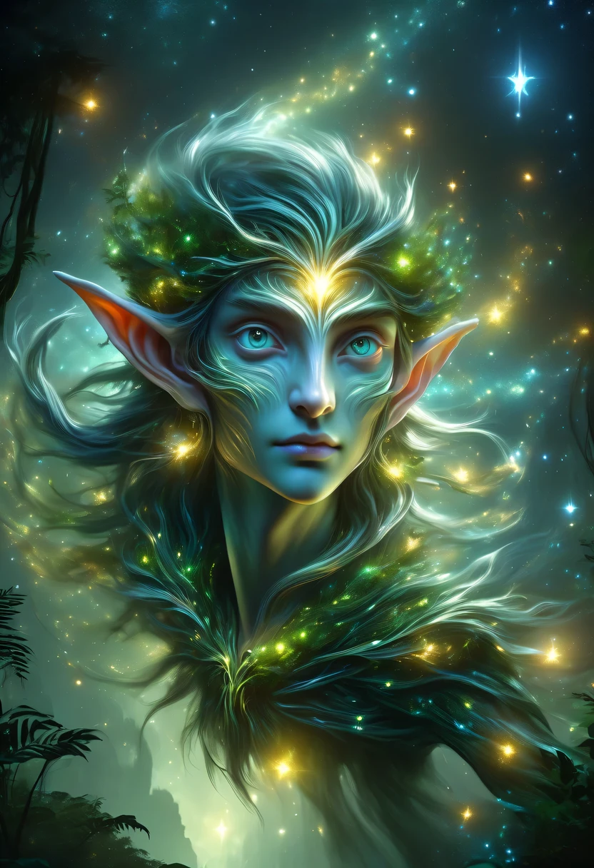 hyper detailed masterpiece, Dynamic, good quality,Floating Elf Portrait DonMW15pXL ,in the jungle,starlight,firefly,