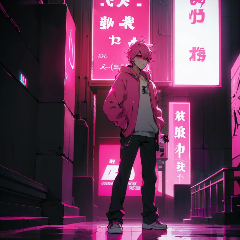 (shortcut), (two block hair), (bright pink hair), (male character), (red eyes), (cool pose), (top quality), (masterpiece), (Super detailed), (oversized hoodie), (Street style), (neon), (modern city), (neonデイライト), (cinematic), (stylish), (High resolution), (hyper-detailed), (soft town), (Nightcore), (a handsome guy), (Wear headphones), (natural appearance of the building), (casual), (IGスタジオanime style), (standing pose), (Shooting from a low angle), (anime style)