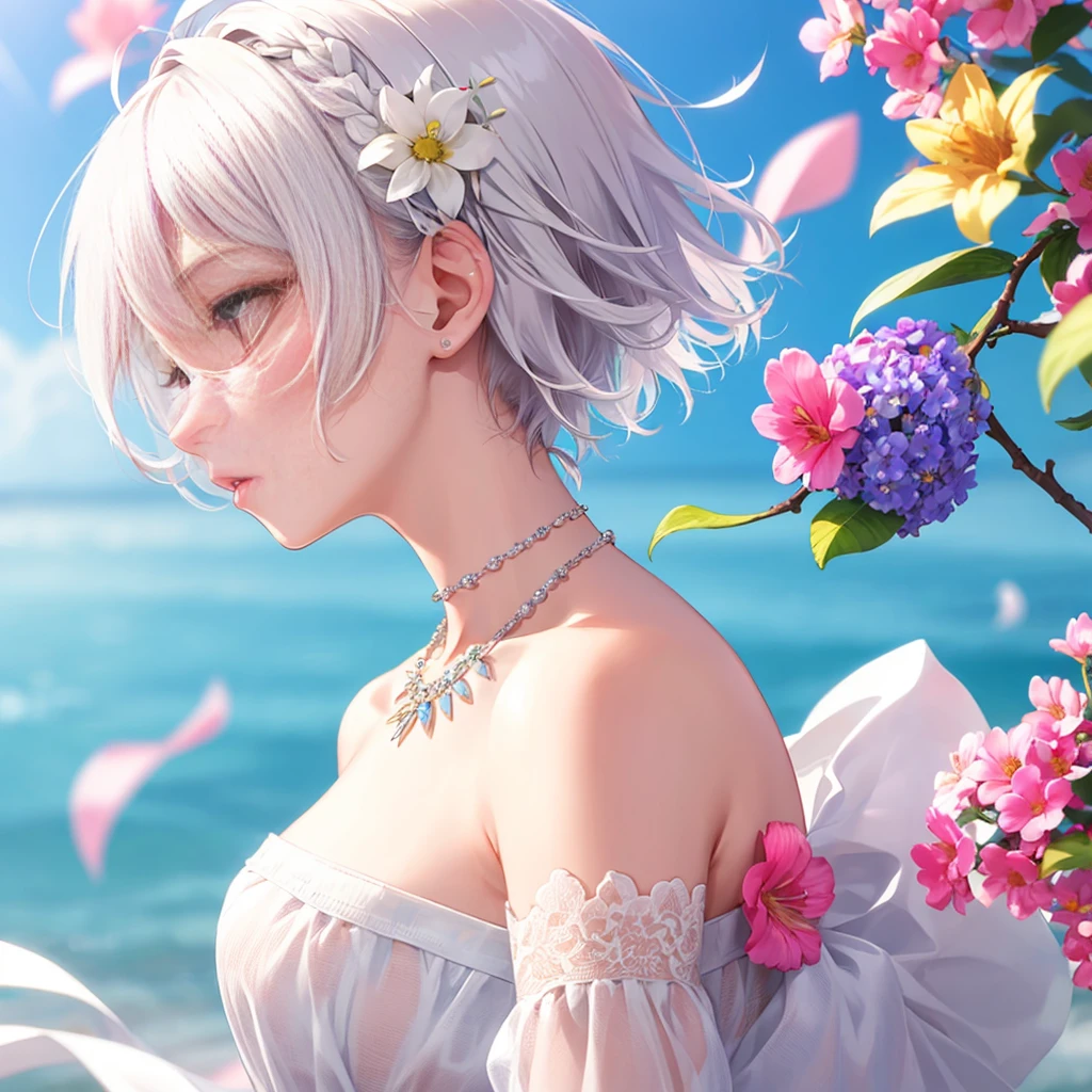 1girl, solo, short hair, hair ornament, jewelry, upper body, flower, white hair, hair flower, necklace, from side, profile, pink flower, blue flower, abstract