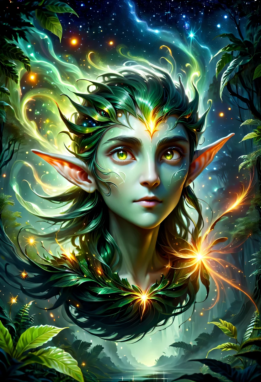 hyper detailed masterpiece, Dynamic, good quality,Floating Elf Portrait DonMW15pXL ，in the jungle，starlight，firefly，