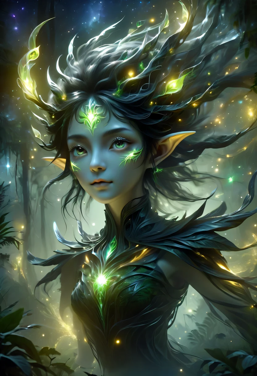 hyper detailed masterpiece, Dynamic, good quality,Floating Elf Portrait DonMW15pXL ,jungle,starlight,firefly,dark,Gothic